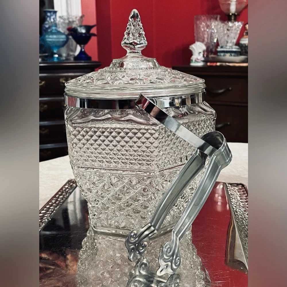 Vintage Anchor Hocking Wexford Glass Ice Bucket w Lid, Stainless Handle & Tongs